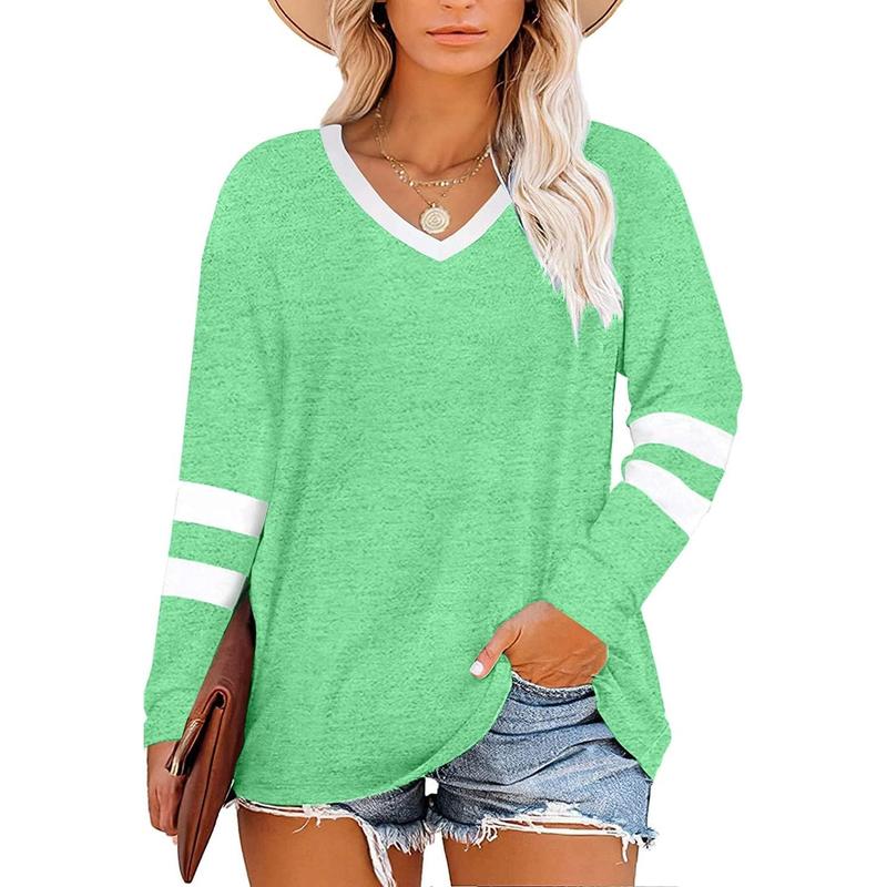 Beautife Women's Plus Size Tops Striped Long Sleeve V neck T Shirts Color Block Casual Tunics Tee Shirt