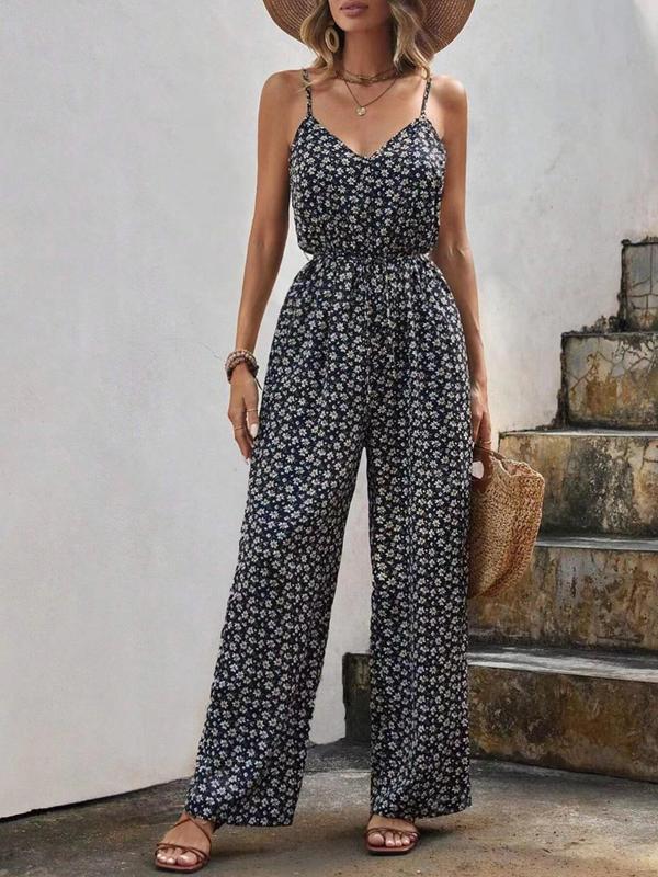 Women's Ditsy Floral Print Backless V Neck Vintage Cami Jumpsuit, Boho Fashion Sleeveless High Waist Straight Leg Jumpsuit for Daily Holiday Vacation Wear, Ladies Summer Clothes