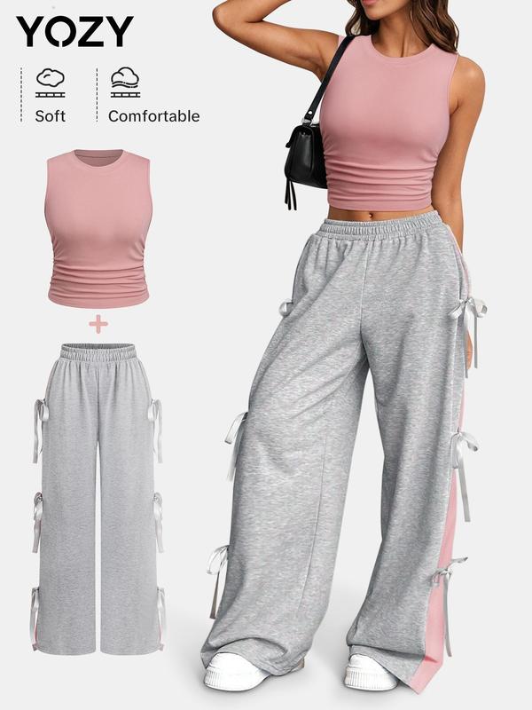 YOZY Women's Solid Color Ruched Crop Tank Top & Colorblock Elastic Waist Wide Leg Pants Two-piece Set, Casual Fashion Cozy Round Neck Sleeveless Top & Bow Decor Trousers for Daily Outdoor Wear, Ladies Clothes for All Seasons