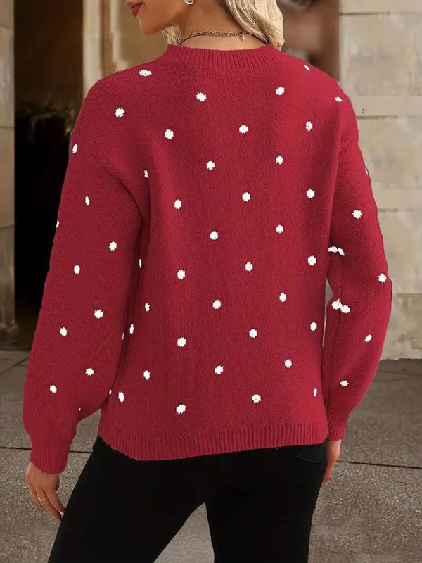 Women's Polka Dot Print Drop Shoulder Sweater, Casual Long Sleeve Round Neck Jumper for Fall & Winter, Fashion Ladies' Knitwear for Daily Wear