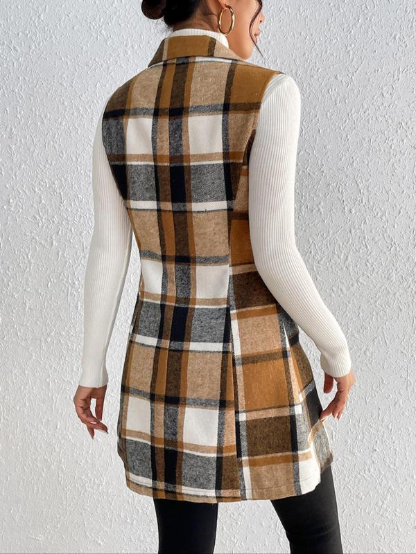 Women's Plaid Print Button Front Lapel Neck Waistcoat without Sweater, Casual Elegant Outerwear for Fall & Winter, Winter Coats, Women's Clothing for Daily Wear, Please Purchase A Size Up