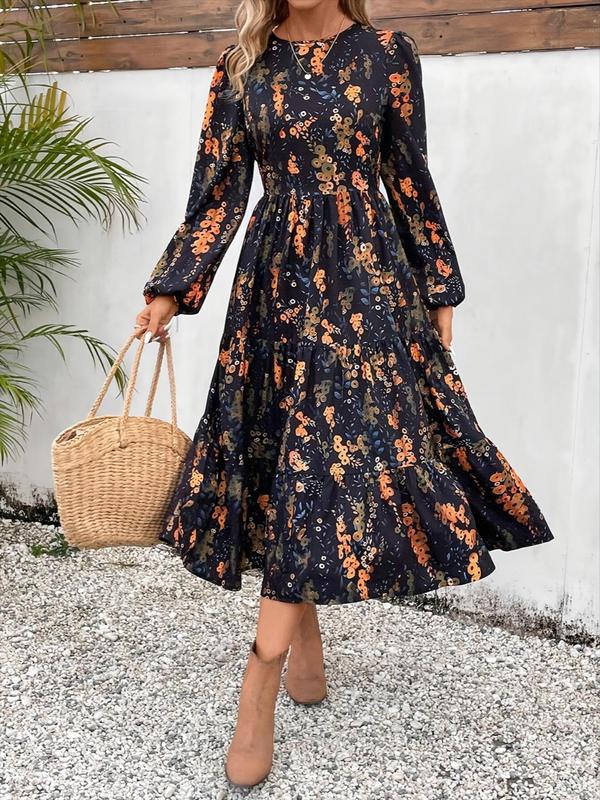 Women's Floral Print Ruffle Hem A Line Dress, Elegant Bishop Sleeve Round Neck Long Dress for Spring & Fall, Fall Dresses, Women's Clothing for Daily Wear