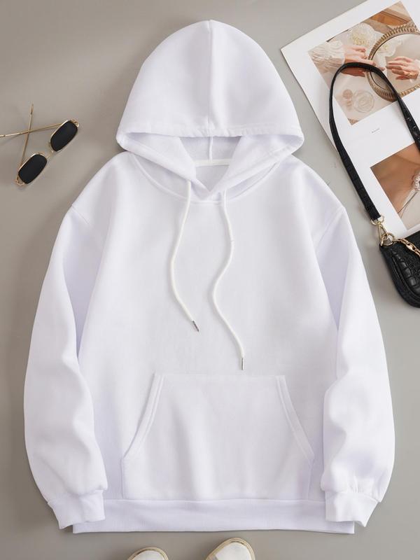 Women's Plain Drawstring Pocket Drop Shoulder Hoodie, Comfort Basic Womenswear Pullover for Lady, Long Sleeve Hooded Sweatshirt for Daily Wear School Outfits