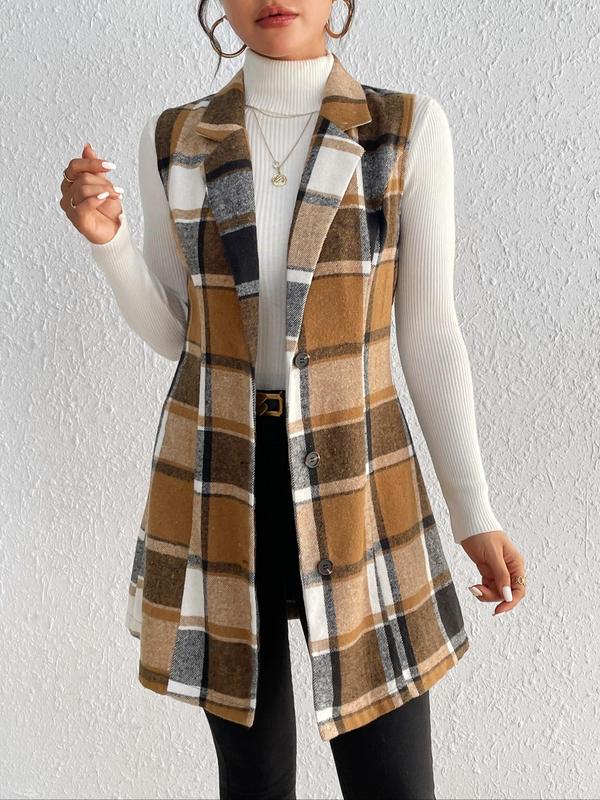 Women's Plaid Print Button Front Lapel Neck Waistcoat without Sweater, Casual Elegant Outerwear for Fall & Winter, Winter Coats, Women's Clothing for Daily Wear, Please Purchase A Size Up