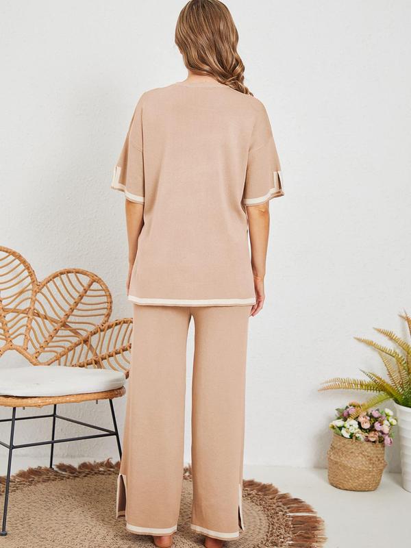 Women's Contrast Binding High Low Top & Split Hem Wide Leg Pants Loungewear Two-piece Set, Casual Comfy Round Neck Short Sleeve Top & Trousers Pj Set, Ladies Sleepwear for All Seasons