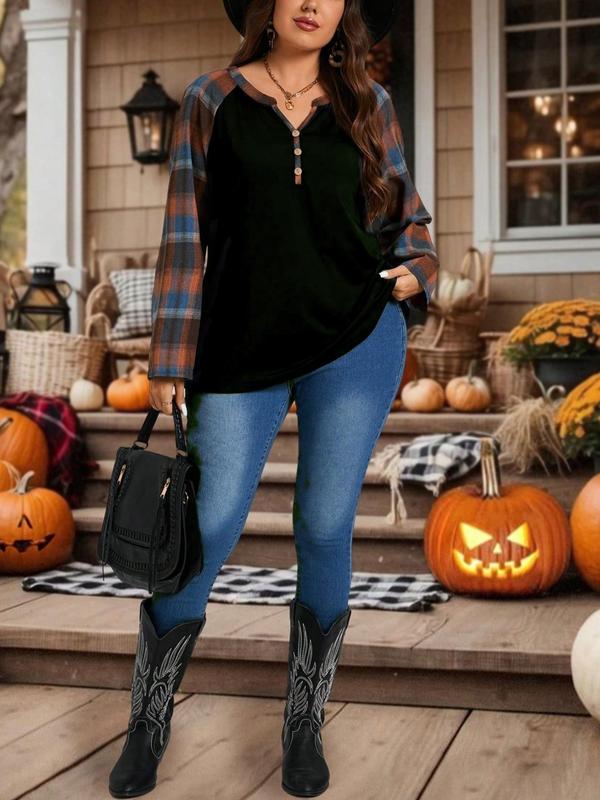  Plaid Patched V Neck Tee, Casual Drop Shoulder Long Sleeve T-shirt for Fall & Winter, Women's Clothing for Daily Wear