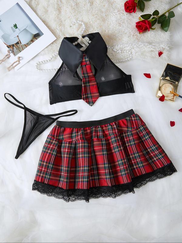 Women's Plaid Print Sheer Lace Lingerie Set, Romantic Sexy Tie Decor Halter Crop Top & Thong & Contrast Lace Skirt Set, Sexy Underwear Sets for Women, Fall Clothes