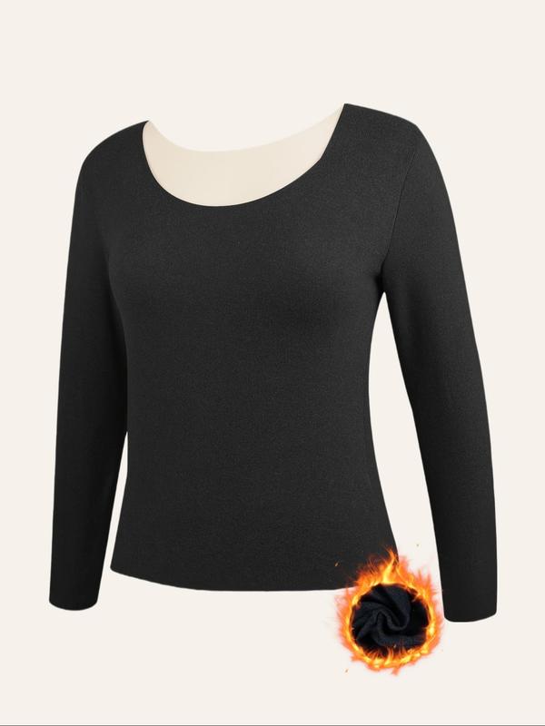  Women's Solid Round Neck Thermal Underwear Top, Casual Long Sleeve Crew Neck Top for Fall & Winter, Women's Clothing for Daily Wear