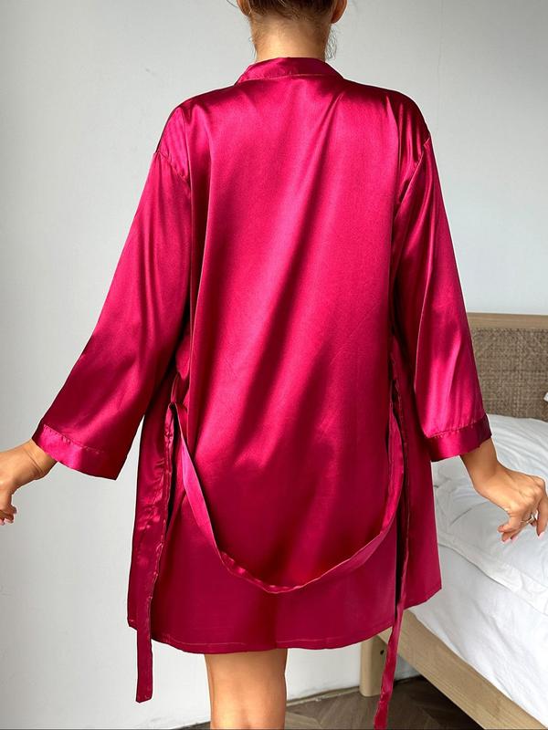 Women's Solid Belted Wrap Satin Lounge Robe, Casual Long Sleeve V Neck Lounge Robe, Ladies Sleepwear for All Seasons