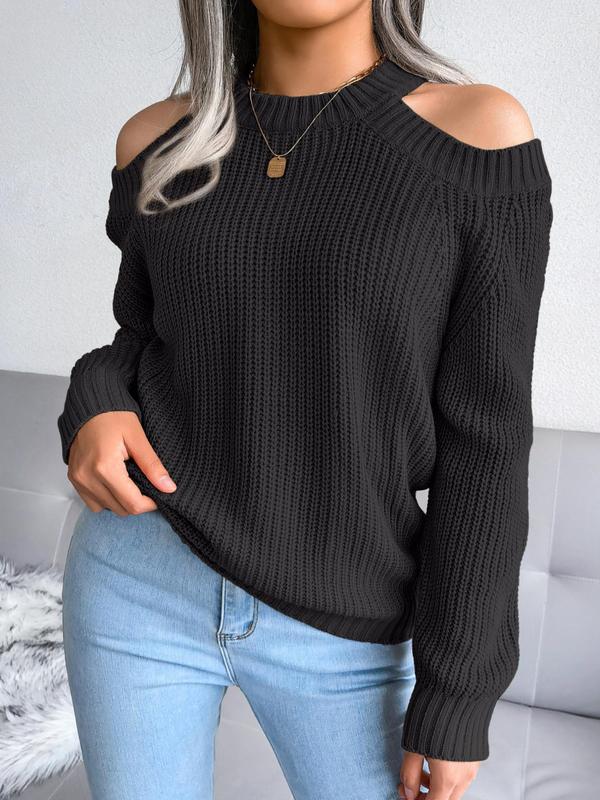 Women's Plain Cut Out Cold Shoulder Sweater, Casual Long Sleeve Jumper for Fall & Winter, Women's Knitwear for Daily Wear