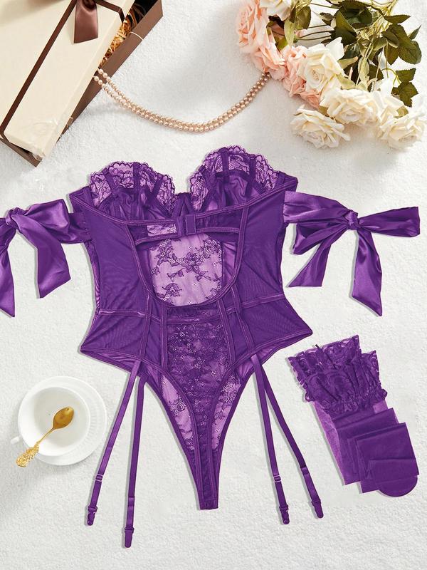 Women's Sexy Lace Lingerie Set, Romantic Solid Color Teddy Bodysuit Lingerie & Stockings Set, Women's Lingerie & Underwear for All Seasons