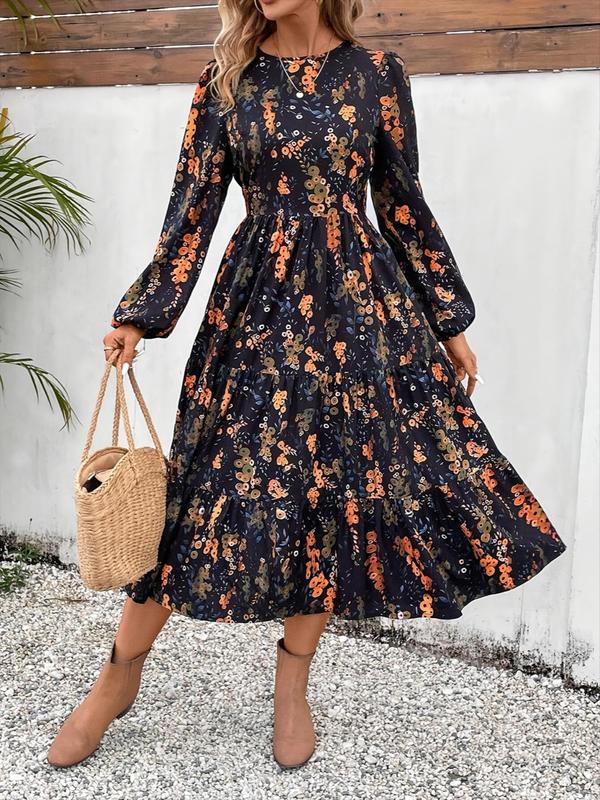 Women's Floral Print Ruffle Hem A Line Dress, Elegant Bishop Sleeve Round Neck Long Dress for Spring & Fall, Fall Dresses, Women's Clothing for Daily Wear