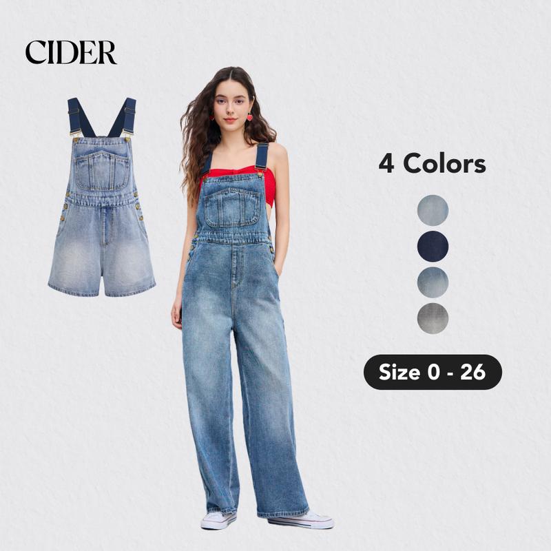 Cider [4 colors, Size 0-26] Denim Pocket Wide Leg Jumpsuit