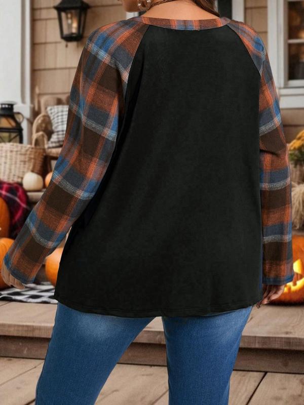  Plaid Patched V Neck Tee, Casual Drop Shoulder Long Sleeve T-shirt for Fall & Winter, Women's Clothing for Daily Wear