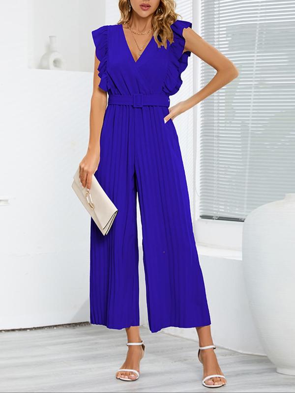 Women's Plain Ruffle Trim Pleated Belted Wide Leg Jumpsuit, Elegant V Neck Butterfly Sleeve Jumpsuit for Summer, Ladies Clothes for Daily Wear