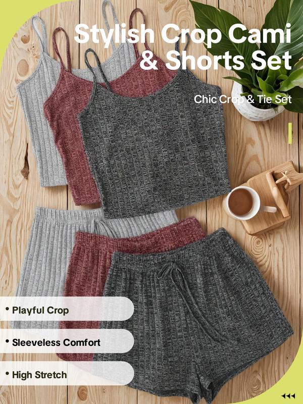 Women's Plain Crop Cami Top & Tie Front Shorts Vintage Set, Summer Clothes, Casual Camisole & Shorts Set for Fall, Fall Outfits 2024 Sets, Back To School Outfits, Women's Clothes, Two Piece Set Women