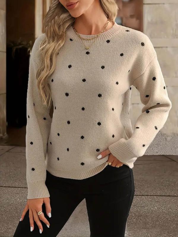 Women's Polka Dot Print Drop Shoulder Sweater, Casual Long Sleeve Round Neck Jumper for Fall & Winter, Fashion Ladies' Knitwear for Daily Wear