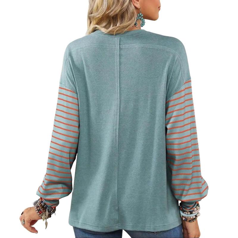 Women Striped Long Sleeve Fall Winter Tops Crew Neck Casual Color Block Blouses Shirts Womenswear