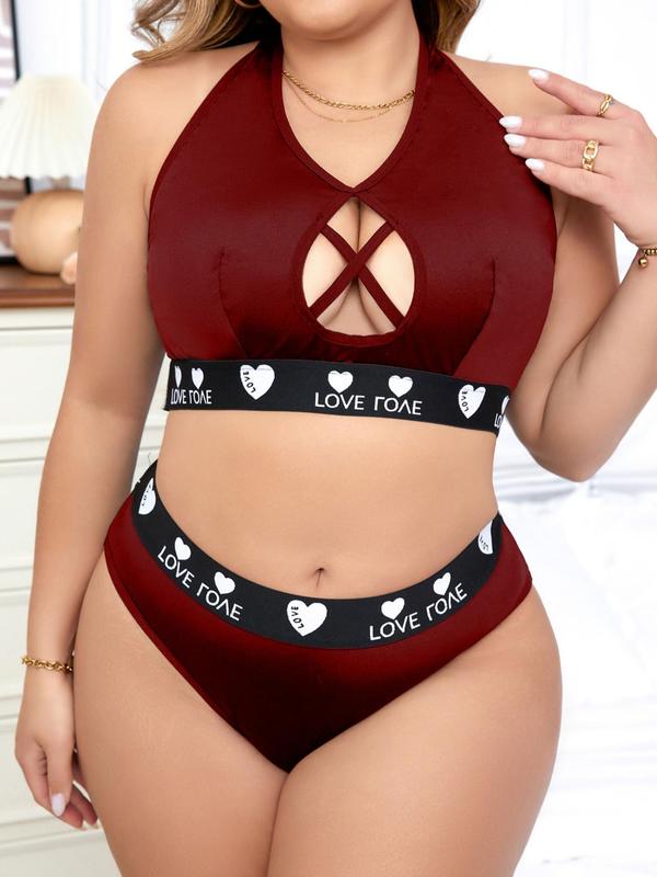  Heart Print Criss Cross Backless Halter Bra & High Waist Panty Two-Piece Set, Casual Comfy Breathable Lingerie Set for Daily Wear, Women's Plus Size Lingerie Set for All Seasons