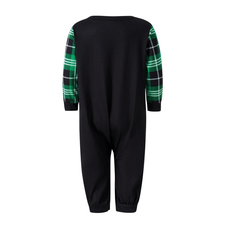 Black Green  Dinosaur Print Matching Christmas Pajamas For Family, Long Sleeve Dinosaur Print Raglan Tops + Plaid Pants Set