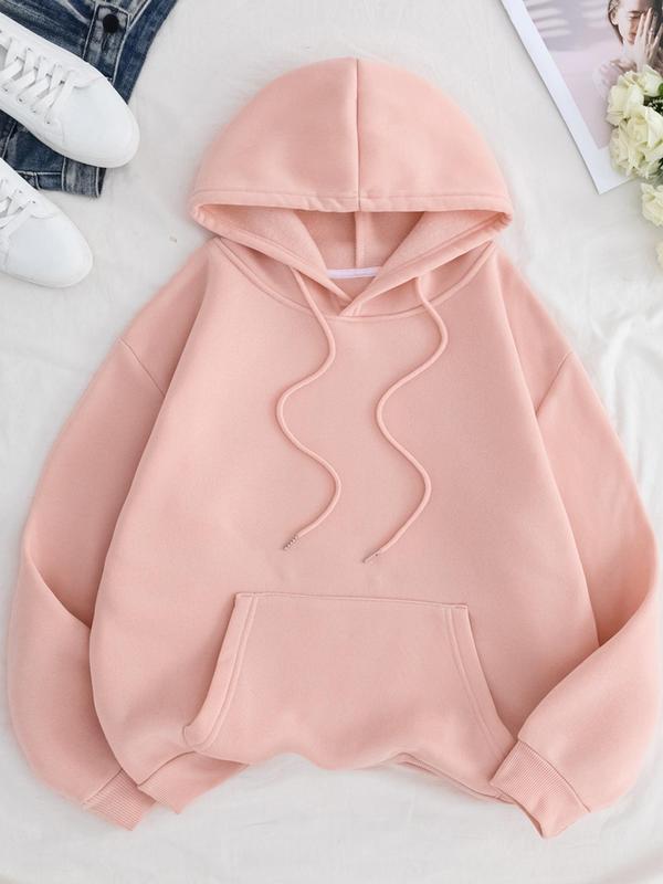 Women's Plain Drawstring Pocket Drop Shoulder Hoodie, Comfort Basic Womenswear Pullover for Lady, Long Sleeve Hooded Sweatshirt for Daily Wear School Outfits