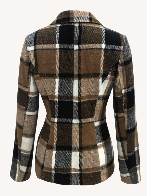 Womenswear Women's Plaid Print Button Front Lapel Neck Coat, Western Clothing, Casual Long Sleeve Outerwear for Fall & Winter, Ladies Clothes for Daily Wear, Work Clothes for Office