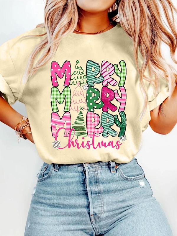 Women's Christmas Tree & Letter Print Round Neck Tee, Fashion Casual Short Sleeve T-shirt, Ladies Summer Clothes for Daily Wear