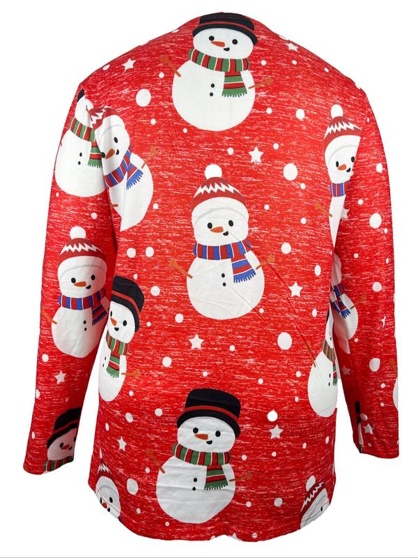  Cartoon Snowman Print Long Sleeve Coat, Coat for Women, Casual Jackets, Christmas Themed Open Front Outerwear for Fall & Winter, Women's Clothes for Daily Wear, Fall Outfits, Fallfreshness, Winter Clothes Women, Plus Size Clothing