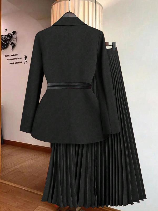 Women's Solid Button Belted Blazer & Pleated Skirt Two-piece Set, Casual Lapel Neck Long Sleeve Outerwear & Long Skirt for Work Office Business, Ladies Clothes for All Seasons