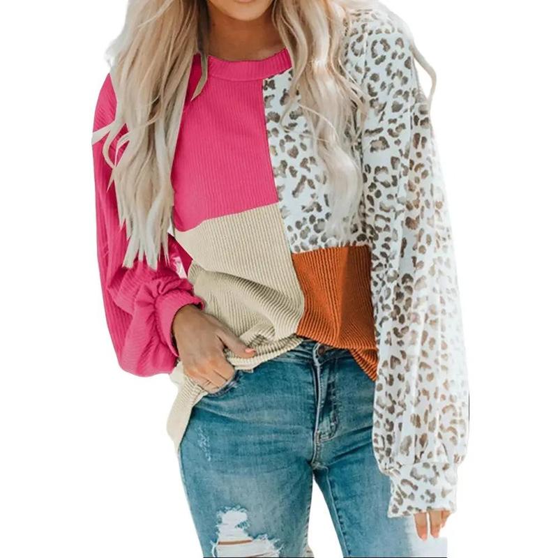 Encolax Womens Fashion Leopard Color Block Long Sleeve Crewneck Knitted Casual Loose Pullover Shirts Tops Fit Womenswear