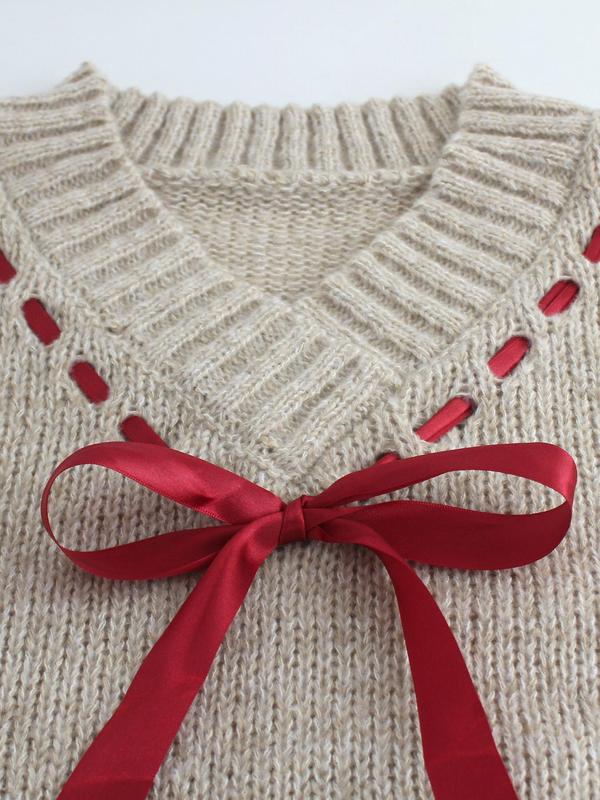 Women's Bow Decor Drop Shoulder Sweater, Casual Long Sleeve V Neck Jumper for Spring & Fall, Fashion Women's Knitwear for Daily Wear