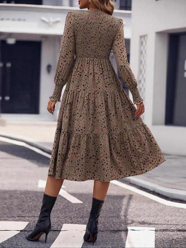 Women's Ditsy Floral Print Ruffle Hem Shirred A Line Dress, Elegant Bishop Sleeve Round Neck Midi Dress for Spring & Fall, Women's Clothing for Daily Wear, Fall Dresses, Dresses for Women, Birthday Dresses 2024, Wedding Guest Dress