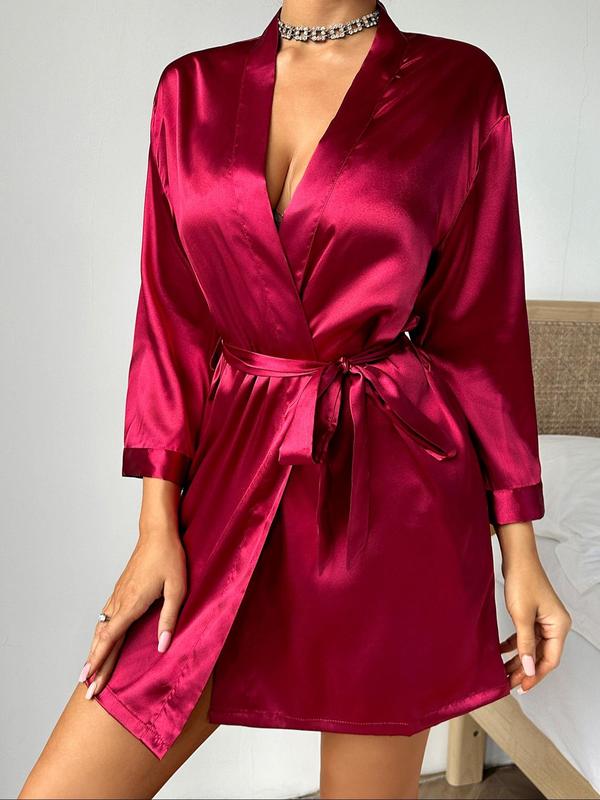 Women's Solid Belted Wrap Satin Lounge Robe, Casual Long Sleeve V Neck Lounge Robe, Ladies Sleepwear for All Seasons