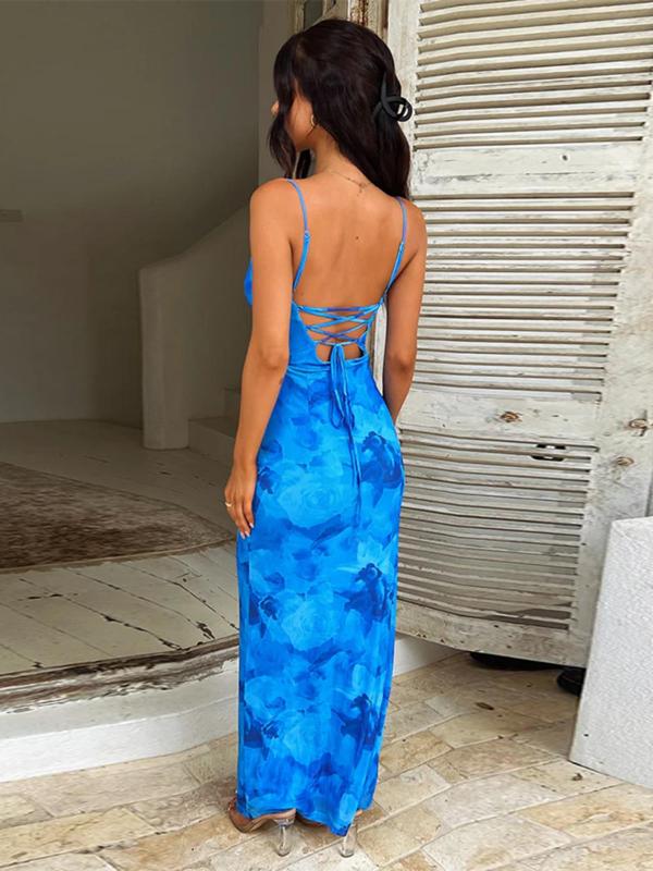 Rose Print Ruched Lace Up Backless Cami Dresses for Women, Elegant Sleeveless Bodycon Long Dress for Summer, Birthday Dresses 2024, Fashion Women's Dress for Beach Holiday, Sun Dresses