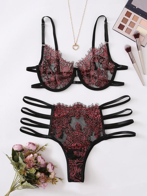 Plus Size 2pcs Contrast Lace Bra & High Waist Panty Set, Adjustable Strap Lingerie & String Side Panty Two-piece Lingerie Set, Sexy Bra and Panty Set, Women's Underwear Set for All Seasons