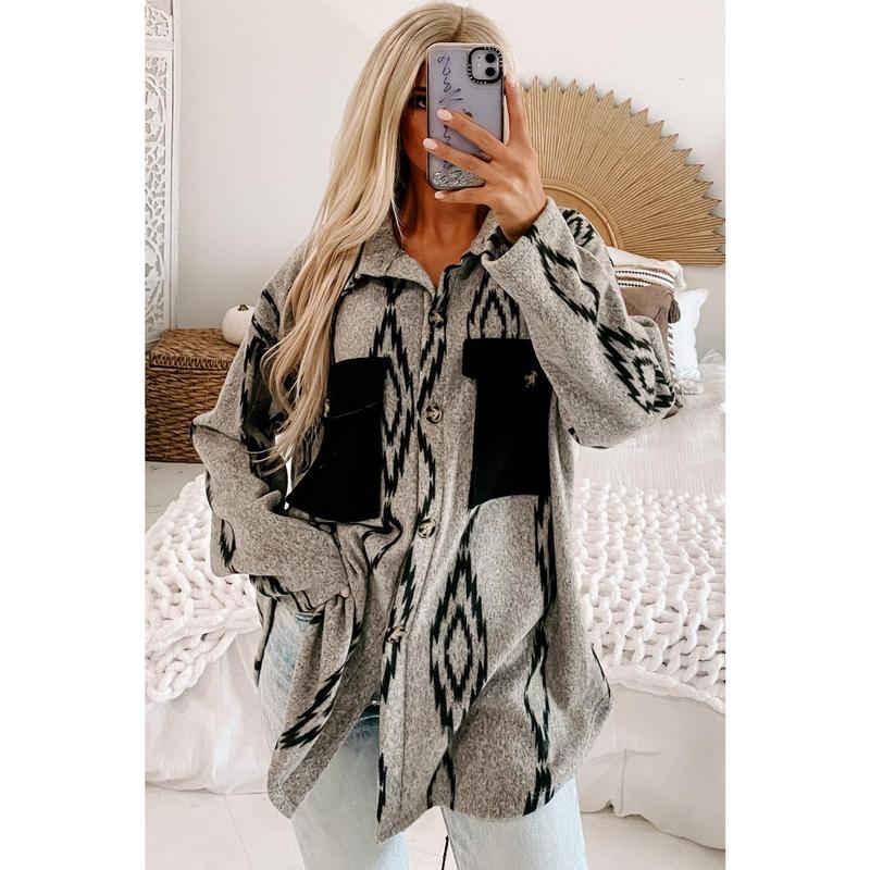 Gray Aztec Contrast Chest Pockets Loose Shacket Womenswear Coats