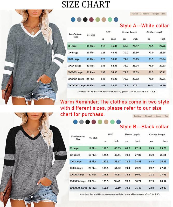 Beautife Women's Plus Size Tops Striped Long Sleeve V neck T Shirts Color Block Casual Tunics Tee Shirt