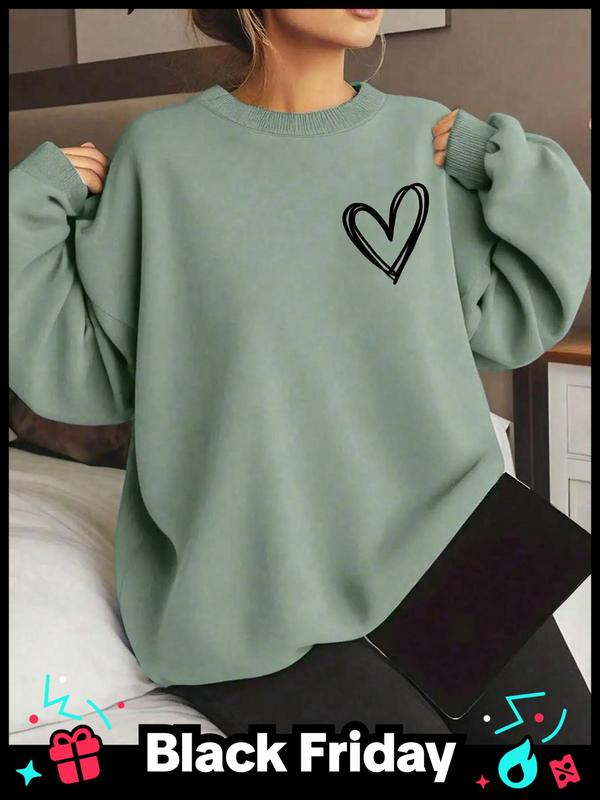  Heart Print Drop Shoulder Sweatshirt, Casual Long Sleeve Round Neck Pullover for Spring & Fall, Women's Plus Size Clothing for Daily Wear