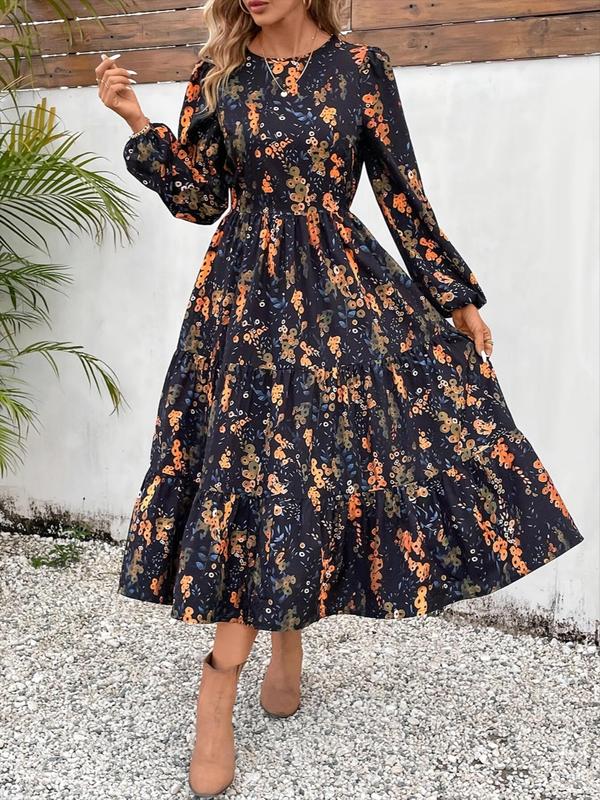 Women's Floral Print Ruffle Hem A Line Dress, Elegant Bishop Sleeve Round Neck Long Dress for Spring & Fall, Fall Dresses, Women's Clothing for Daily Wear