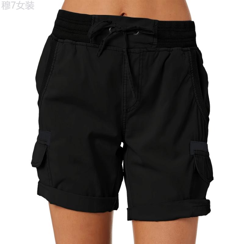 Drawstring Cargo Shorts, Casual High Waist Wide Leg Summer Shorts With Pockets, Women's Clothing Fabric Womenswear