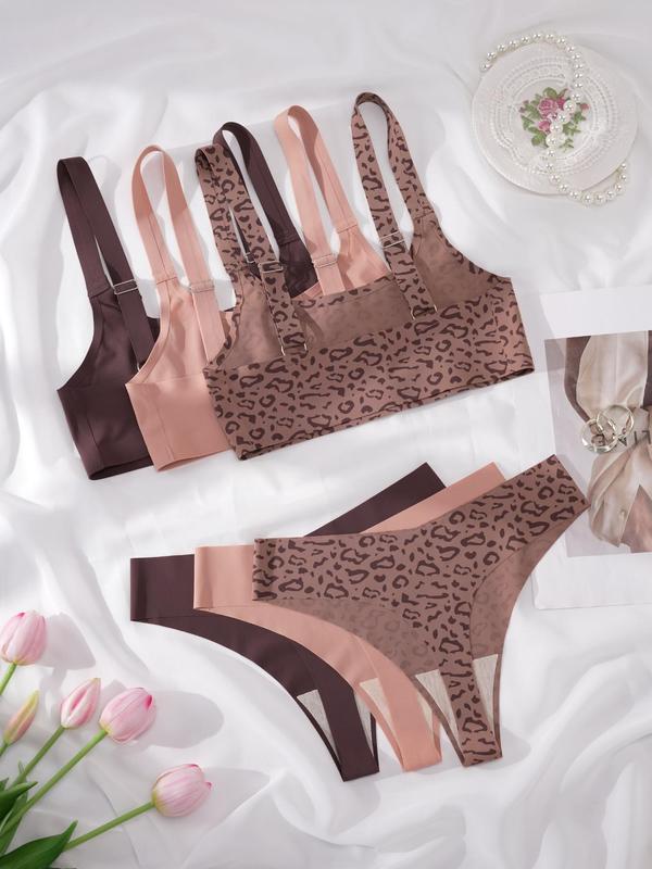 Women's Solid   Leopard Print Wireless Bra & Thong Set, Adjustable Strap Lingerie Top & Panty Quick-drying Set, Soft Comfy Breathable Seamless Underwear Set for Women