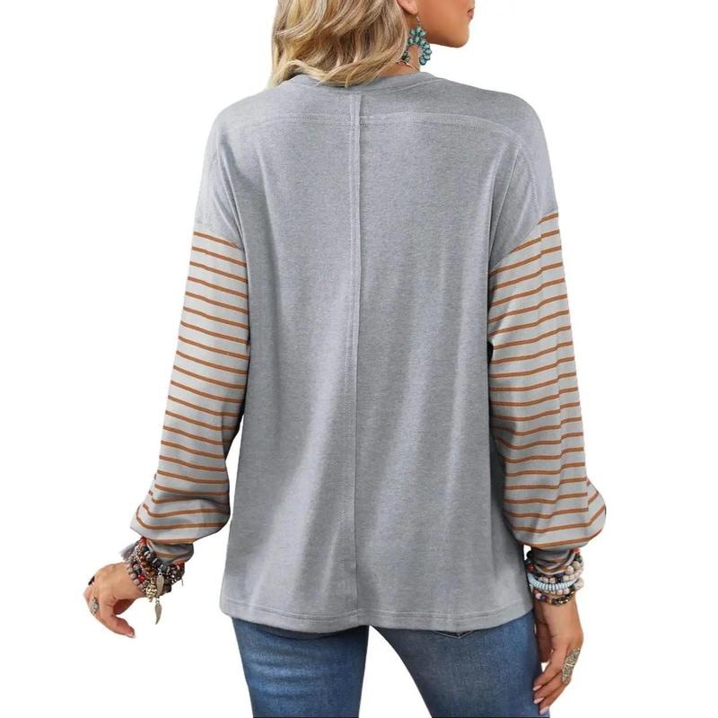 Women Striped Long Sleeve Fall Winter Tops Crew Neck Casual Color Block Blouses Shirts Womenswear