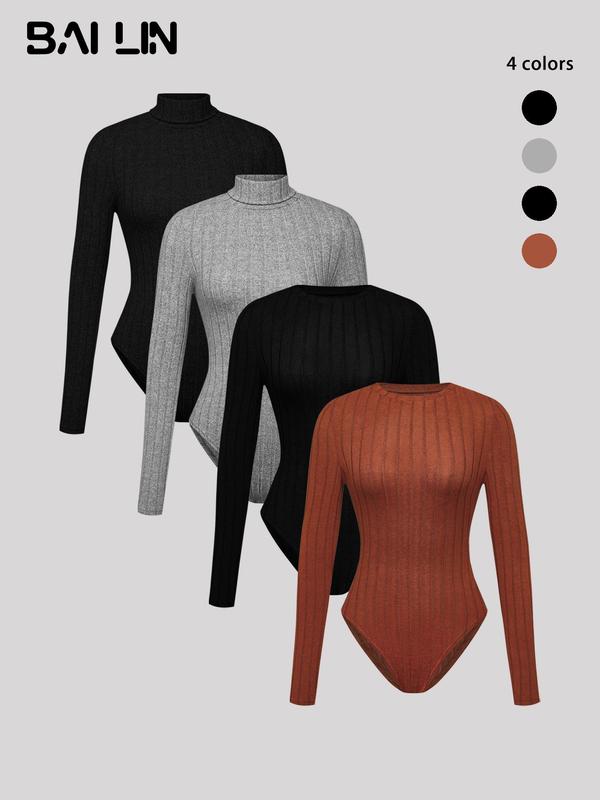 Women's Solid Ribbed High Neck Bodysuit, Casual Long Sleeve Round Neck Bodysuit for Fall & Winter, Women's Clothes for Daily Wear