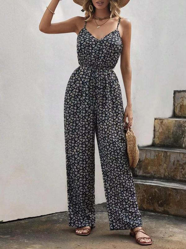 Women's Ditsy Floral Print Backless V Neck Vintage Cami Jumpsuit, Boho Fashion Sleeveless High Waist Straight Leg Jumpsuit for Daily Holiday Vacation Wear, Ladies Summer Clothes