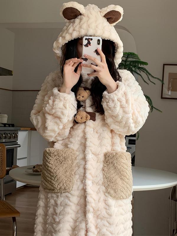 Women's Cute Bear Design Coral Fleece Hooded Bathrobe, Casual Long Sleeve Drop Shoulder Pocket Design Bathrobe, Warm Sleepwear for Fall & Winter