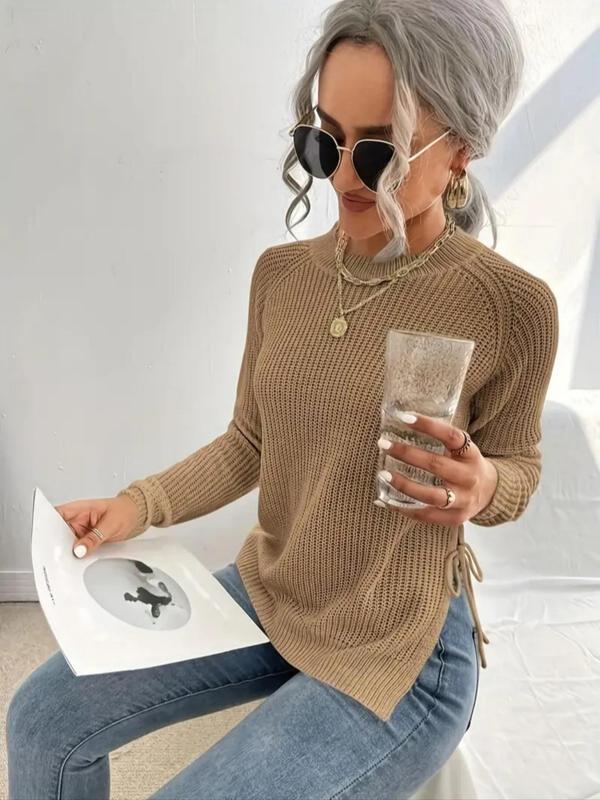 Women's Solid Color Tie Side Split Hem Raglan Sleeve Sweater, Casual Long Sleeve Crew Neck Jumper for Spring & Fall, Fashion Women's Knitwear for Daily Wear