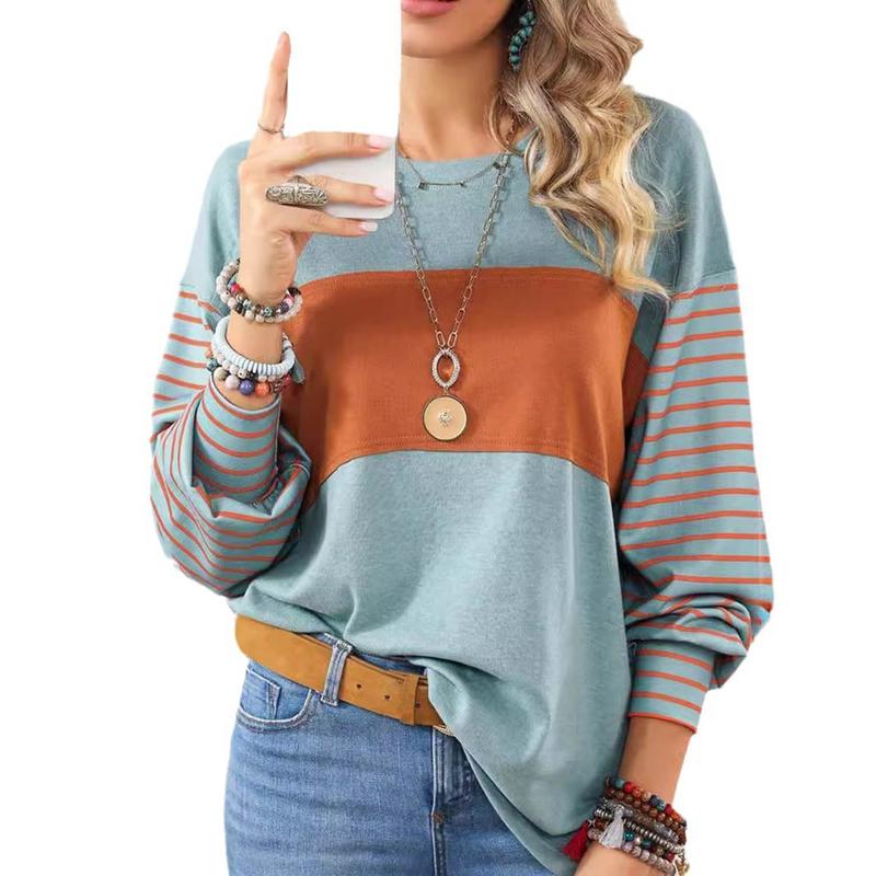 Women Striped Long Sleeve Fall Winter Tops Crew Neck Casual Color Block Blouses Shirts Womenswear