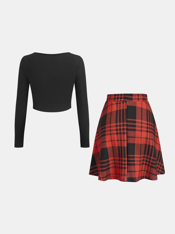 YOZY Black Friday Deals, Plain Crop Top & Plaid Print Flared Skirt Set, Elegant Fashion Casual Square Neck Long Sleeve Top & High Waist Skirt, Women's Fall Outfits for Daily Wear, Christmas 2024 Trend, Thanksgiving Outfits, Fall Outfits, Winter Outfits