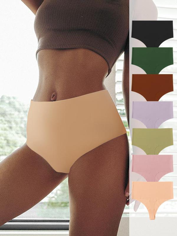 Women's 7pcs Solid High Waist Thong, Basic Multipack Panties, Breathable Comfy Seamless Knicker for Daily Wear, Underwear for All Seasons