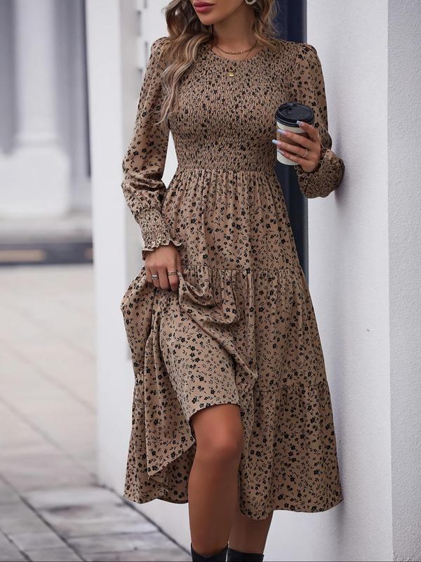 Women's Ditsy Floral Print Ruffle Hem Shirred A Line Dress, Elegant Bishop Sleeve Round Neck Midi Dress for Spring & Fall, Women's Clothing for Daily Wear, Fall Dresses, Dresses for Women, Birthday Dresses 2024, Wedding Guest Dress